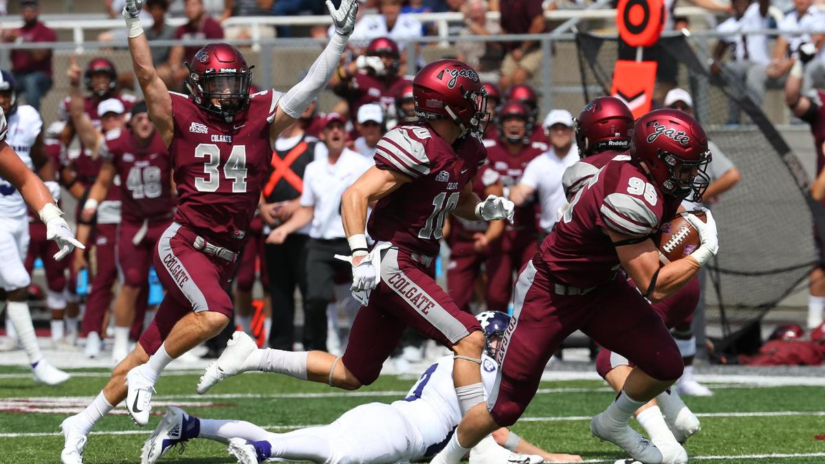 Sept. 1, 2018; Colgate linebacker John Steffen returns a fumble against Holy Cross